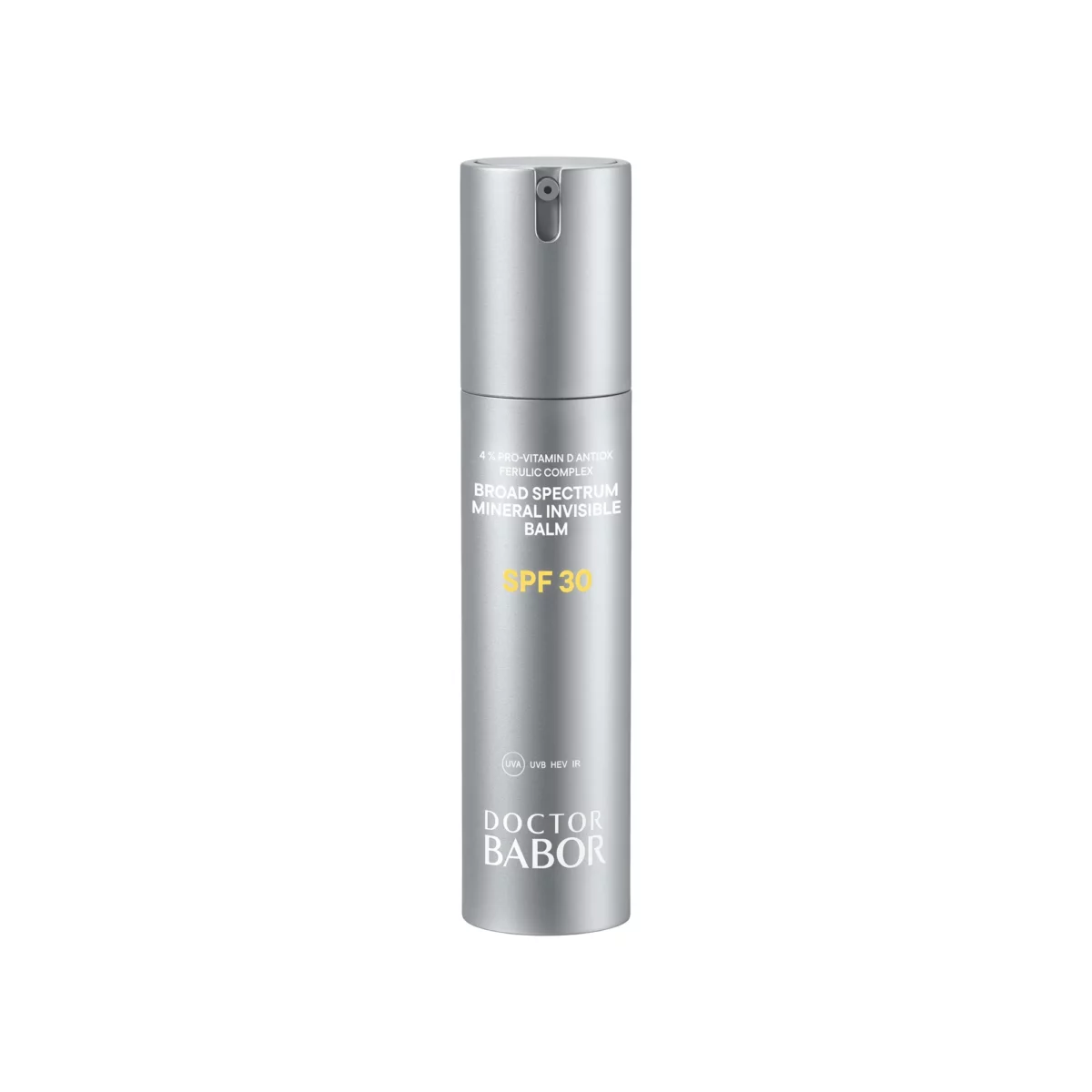 BABOR Broad Spectrum Mineral Invisible Balm SPF 30 aus DOCTOR BABOR Solar Defense, silberne Pumpflasche