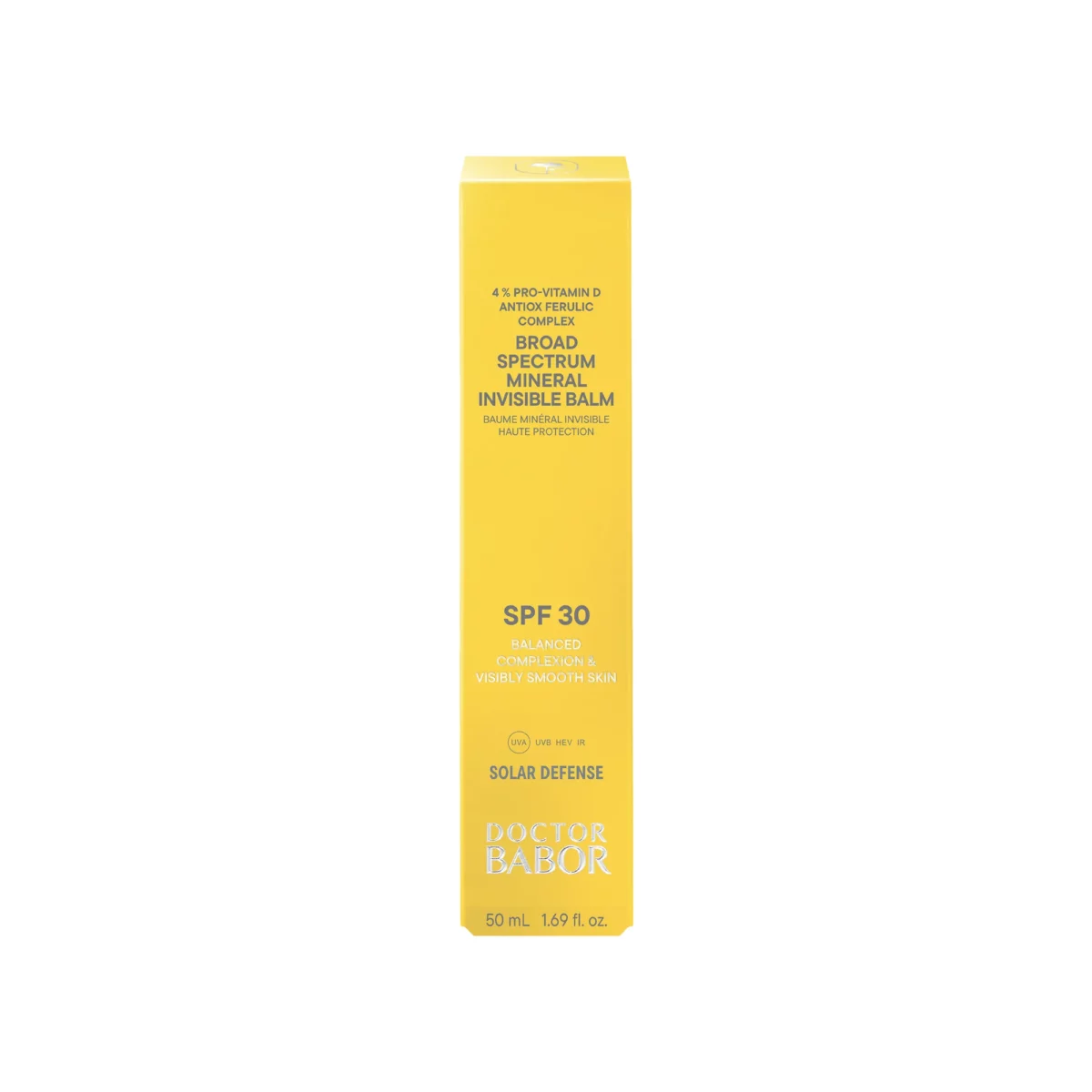 Gelbe Faltschachtel des BABOR Mineral Invisible Balm SPF 30 mit 4 % Pro-Vitamin D Antiox Ferulic Complex