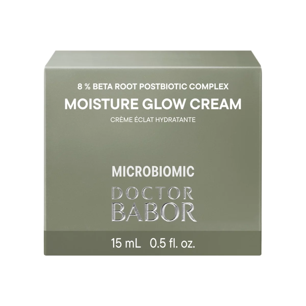 Faltschachtel der BABOR Moisture Glow Cream 15 ml mit der Aufschrift 8 % Beta Root Postbiotic Complex