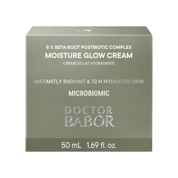 Faltschachtel der BABOR Moisture Glow Cream 50 ml mit 8 % Beta Root Postbiotic Complex und Microbiomic