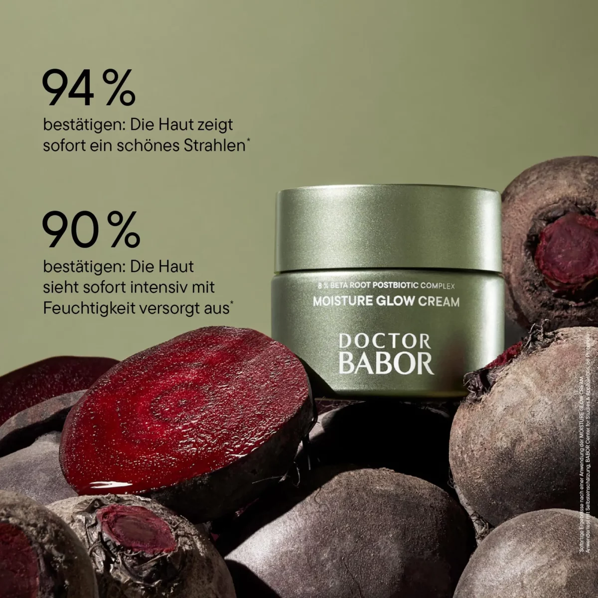 Infografik BABOR Moisture Glow Cream: 94 % sehen sofort ein schönes Strahlen, 90 % mehr Feuchtigkeit