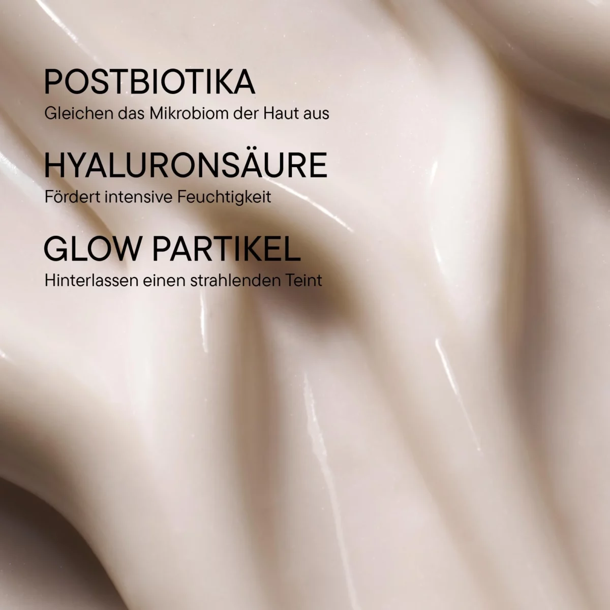 Infografik BABOR Moisture Glow Cream mit Postbiotika, Hyaluronsäure und Glow-Partikeln auf Cremetextur