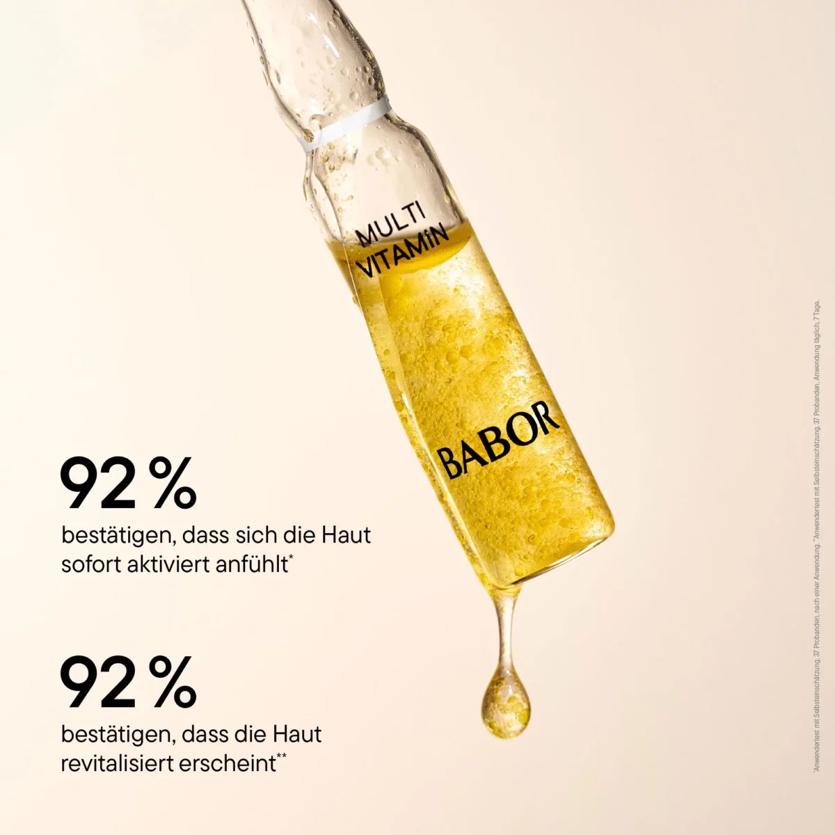 Infografik BABOR Multi Vitamin: je 92 % finden die Haut sofort aktiviert und sichtbar revitalisiert