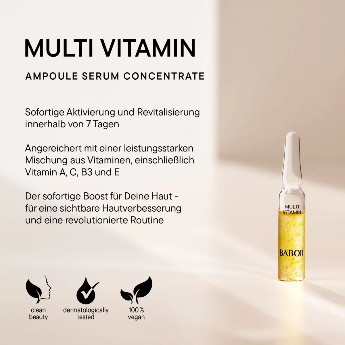 Infografik BABOR Multi Vitamin Ampoule Serum Concentrate mit Wirkung innerhalb von 7 Tagen, clean und vegan
