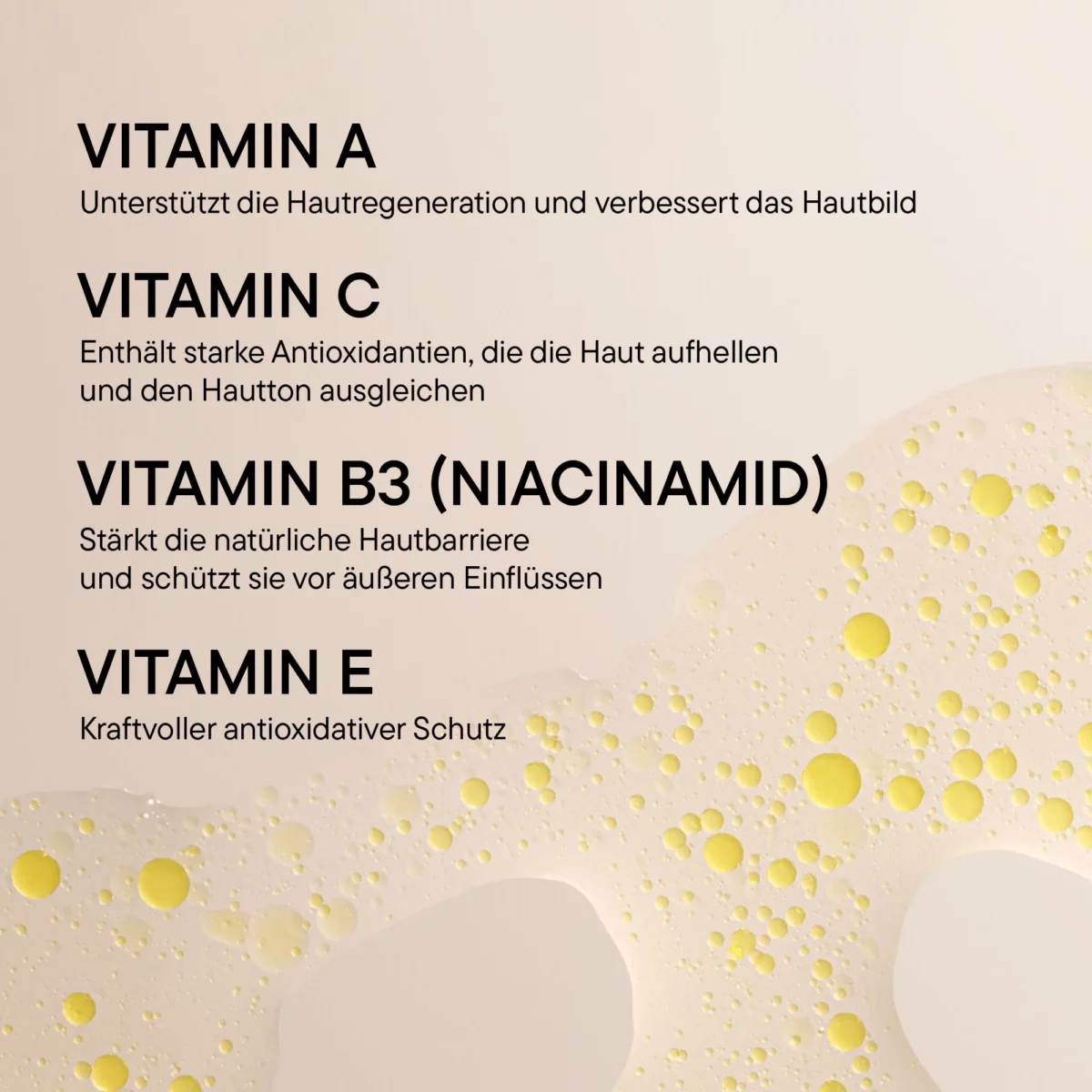 Infografik BABOR Multi Vitamin mit Vitamin A, Vitamin C, Vitamin B3 (Niacinamid) und Vitamin E