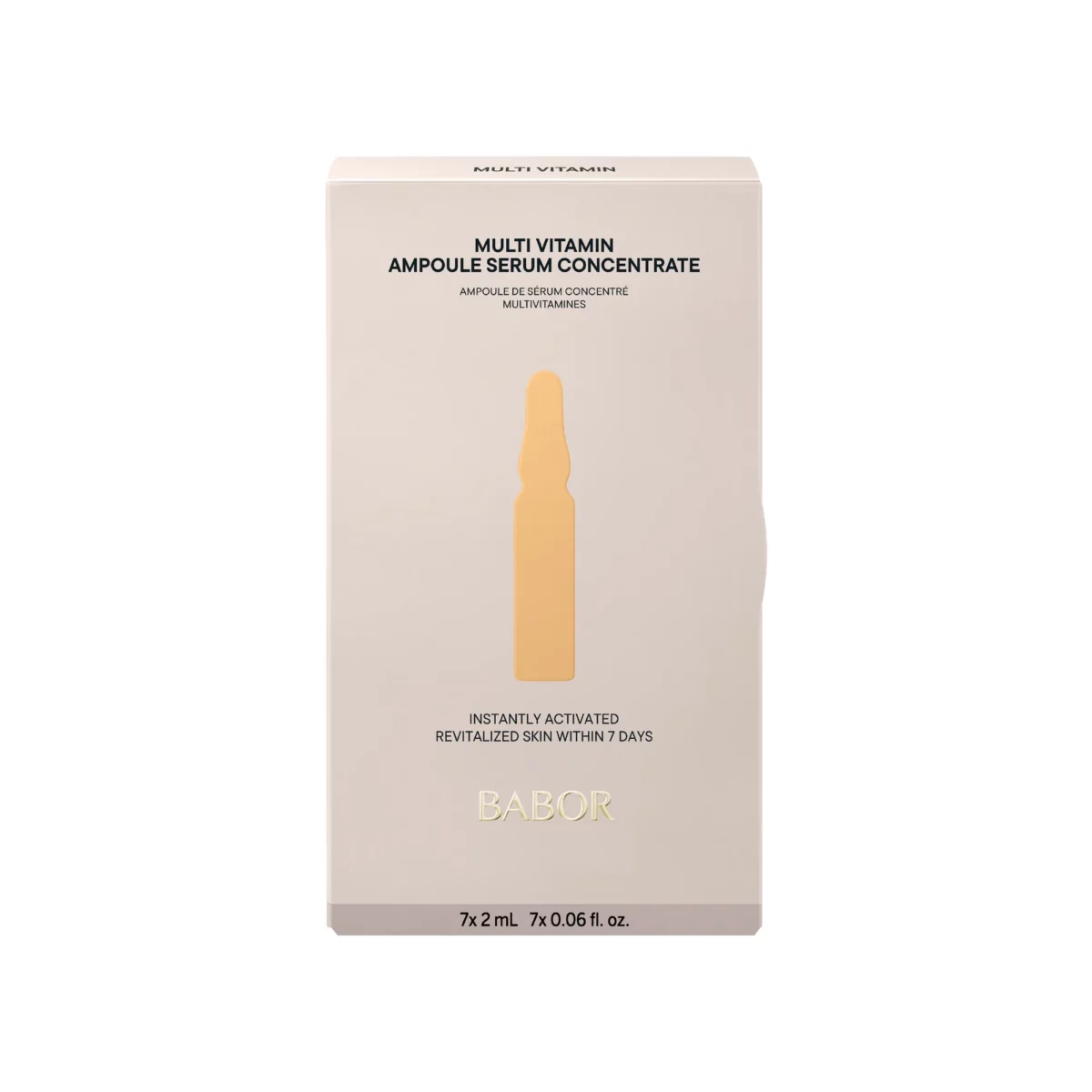 Beigefarbene Faltschachtel der BABOR Multi Vitamin Ampullen mit 7 Ampullen à 2 ml, Ampoule Serum Concentrate
