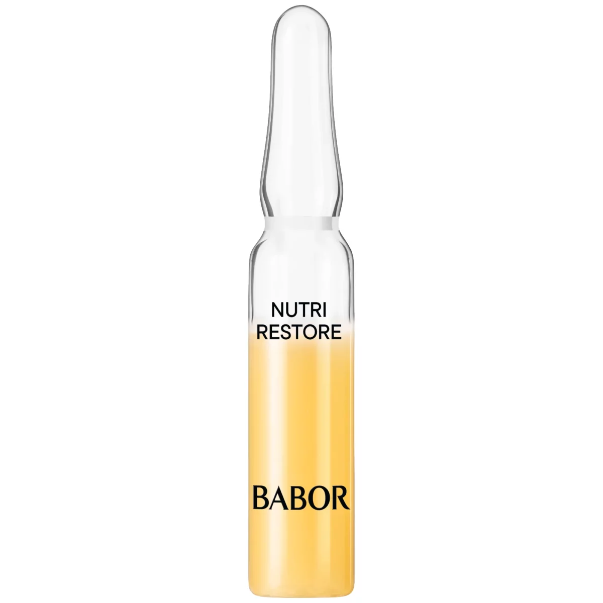 Einzelne Glasampulle BABOR Nutri Restore mit gelbem Konzentrat und schwarzem Schriftzug, freigestellt