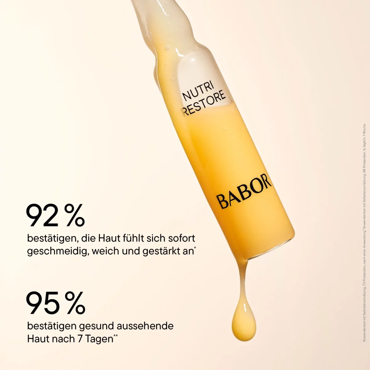 Infografik BABOR Nutri Restore mit tropfender Ampulle: 92 % fühlen sofort weichere Haut, 95 % gesundere nach 7 Tagen