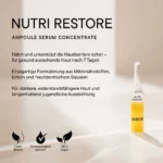 Infografik BABOR Nutri Restore mit Ampulle: stärkt die Hautbarriere, Symbole für Clean Beauty, getestet und vegan