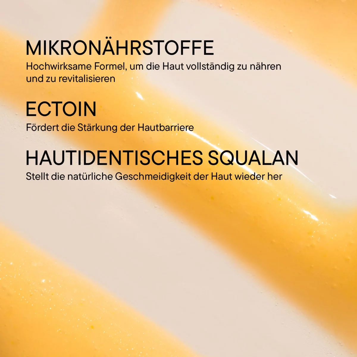 Infografik Wirkstoffe BABOR Nutri Restore: Mikronährstoffe, Ectoin und hautidentisches Squalan auf Gelb