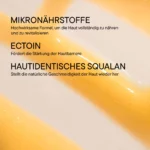 Infografik Wirkstoffe BABOR Nutri Restore: Mikronährstoffe, Ectoin und hautidentisches Squalan auf Gelb