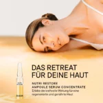 Frau liegt entspannt neben einer BABOR Nutri Restore Ampulle, Schriftzug Das Retreat für deine Haut