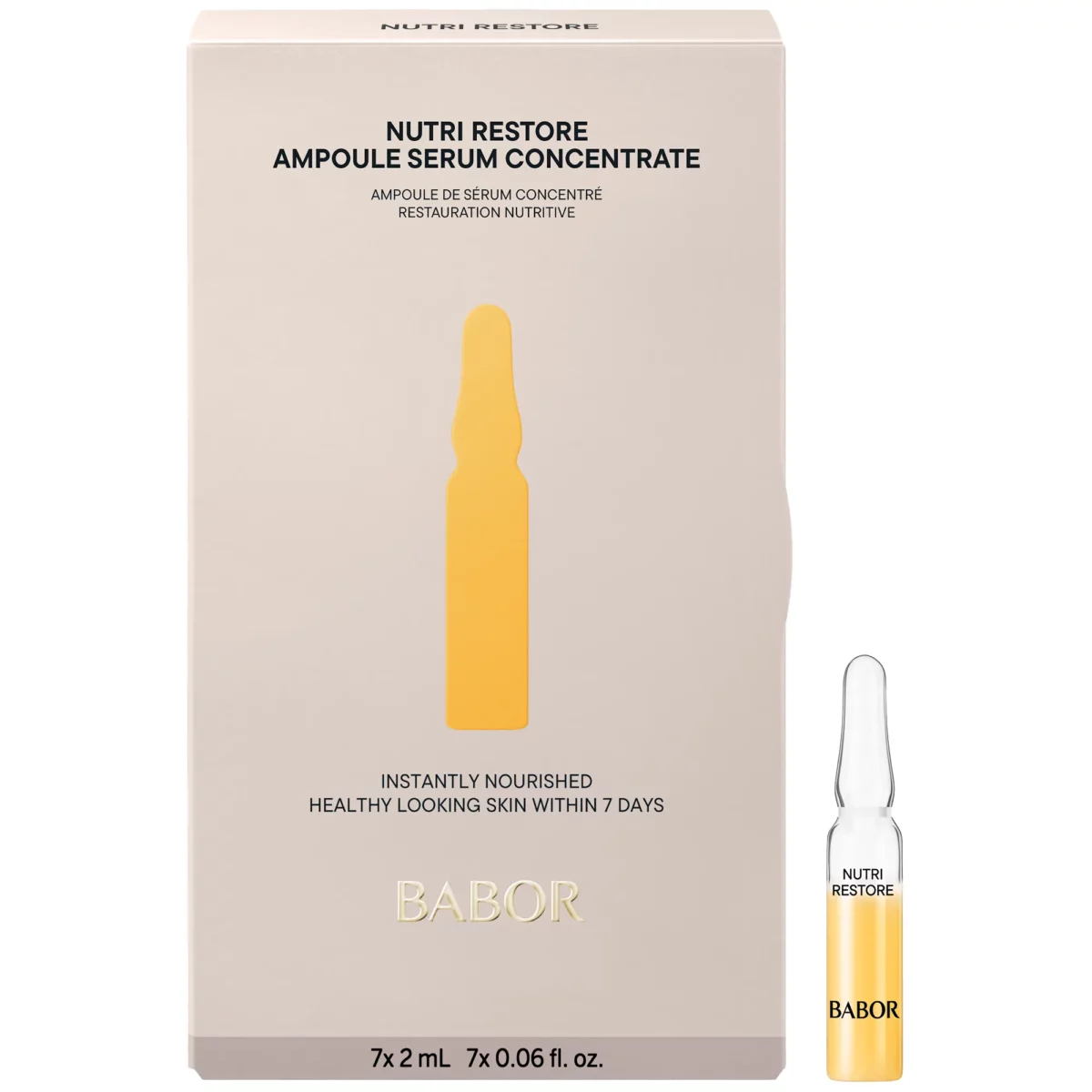 BABOR Nutri Restore Ampoule Serum Concentrate: Faltschachtel mit 7 x 2 ml und eine gelbe Ampulle daneben