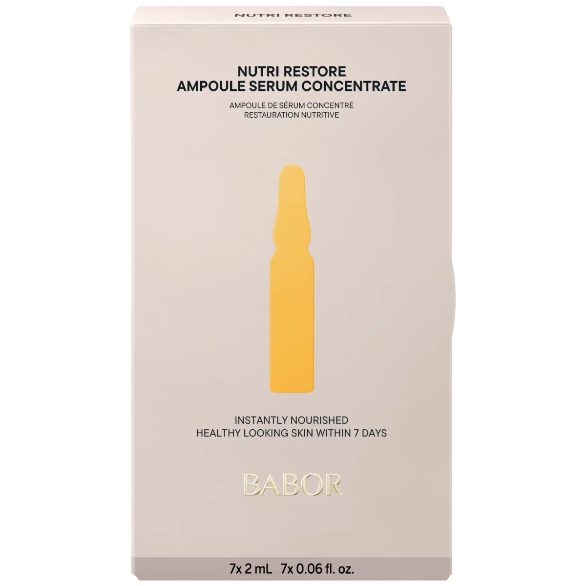 Faltschachtel BABOR Nutri Restore Ampoule Serum Concentrate in Beige mit gelber Ampullengrafik
