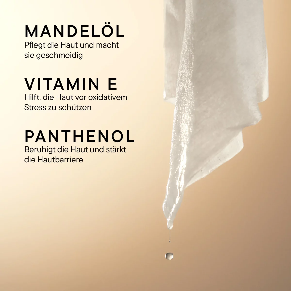 Infografik BABOR Cleansing Wipes mit den Pflegestoffen Mandelöl, Vitamin E und Panthenol neben einem Tuch