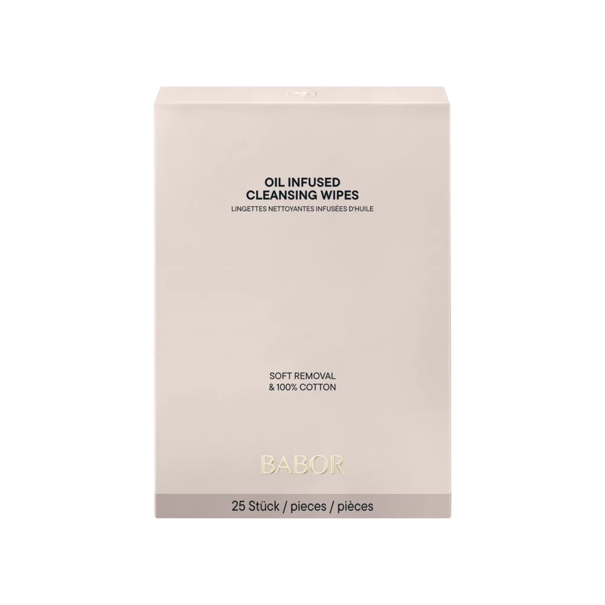 Stehende Packung der BABOR Oil Infused Cleansing Wipes mit den Angaben Soft Removal, 100 % Cotton und 25 Stück