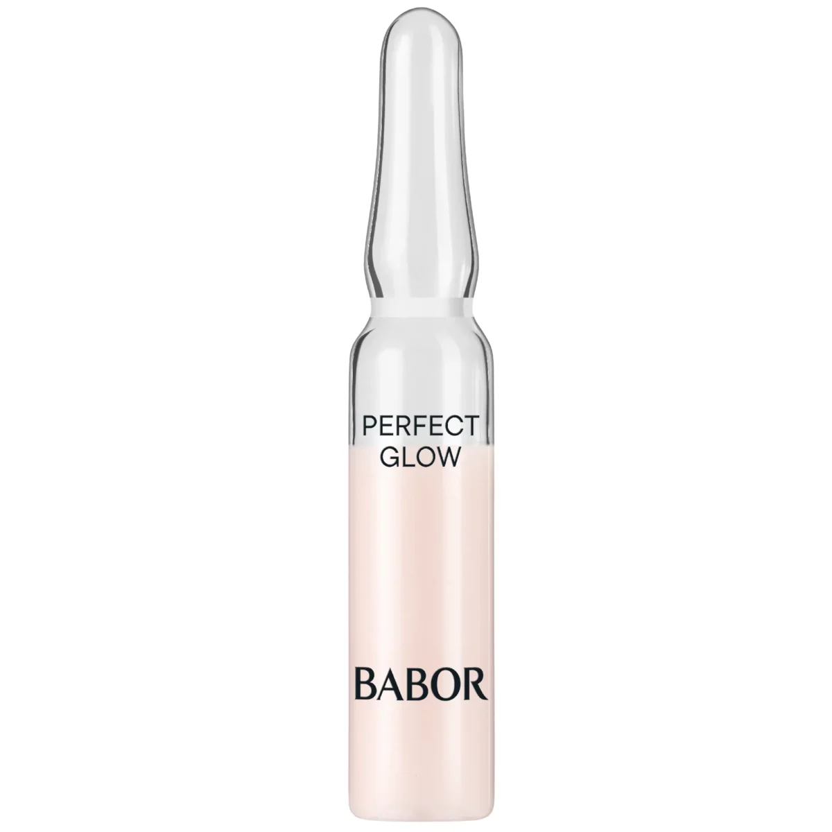 Einzelne Glasampulle BABOR Perfect Glow mit zartrosa Konzentrat und schwarzem Schriftzug, freigestellt
