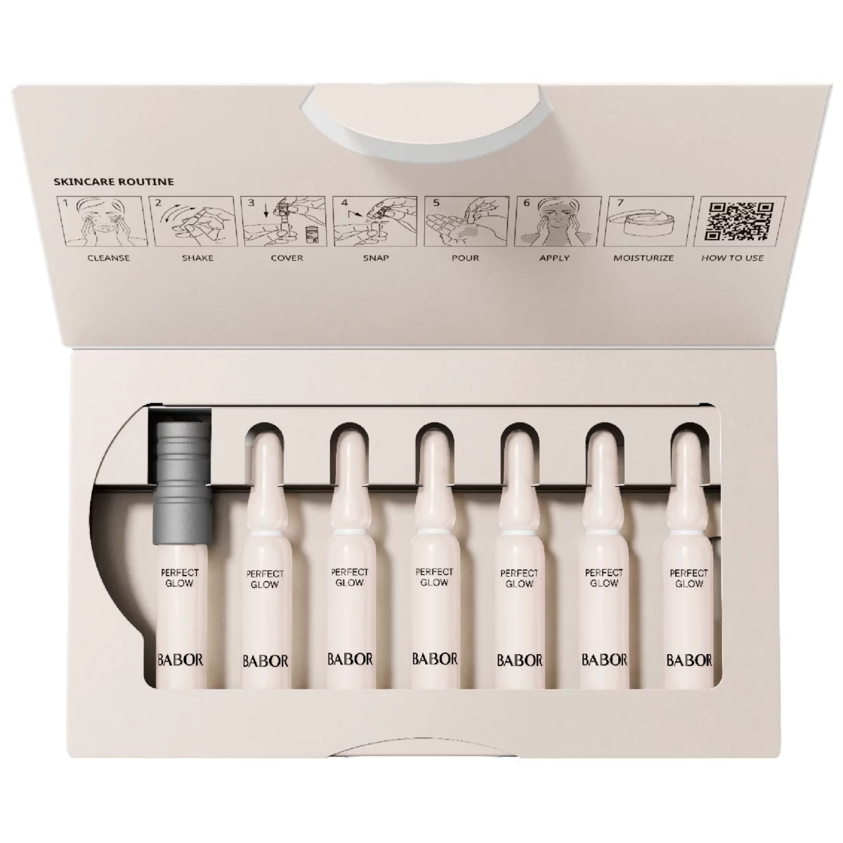Geöffnete Packung BABOR Perfect Glow mit sieben Ampullen in Nude, Ampullenöffner und Anleitung im Deckel