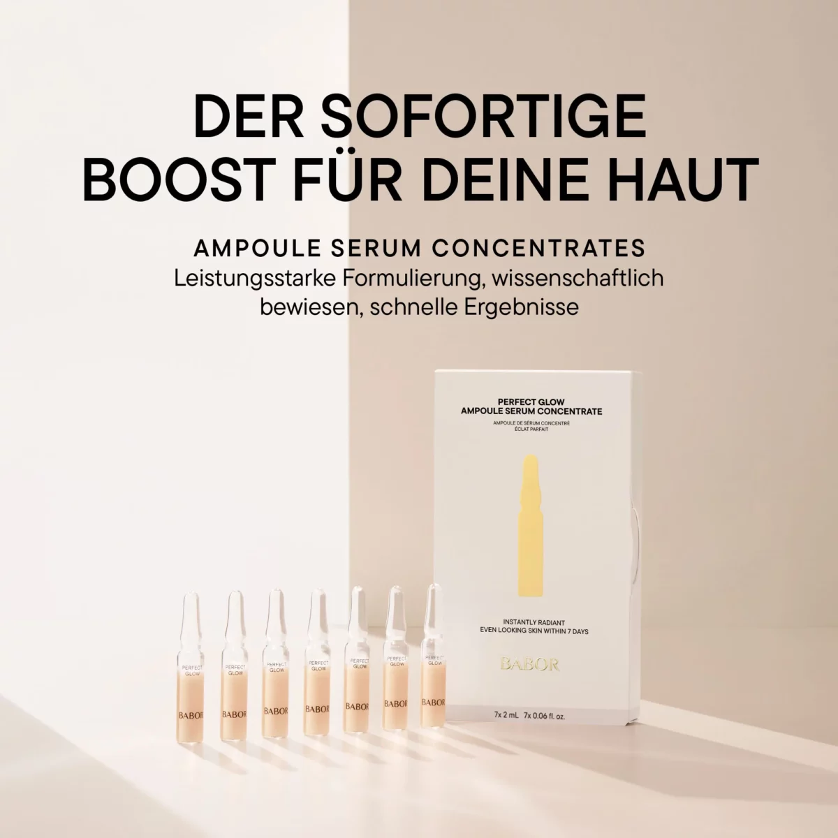 Infografik BABOR Ampoule Serum Concentrates mit Perfect Glow Packung und Ampullen, Der sofortige Boost