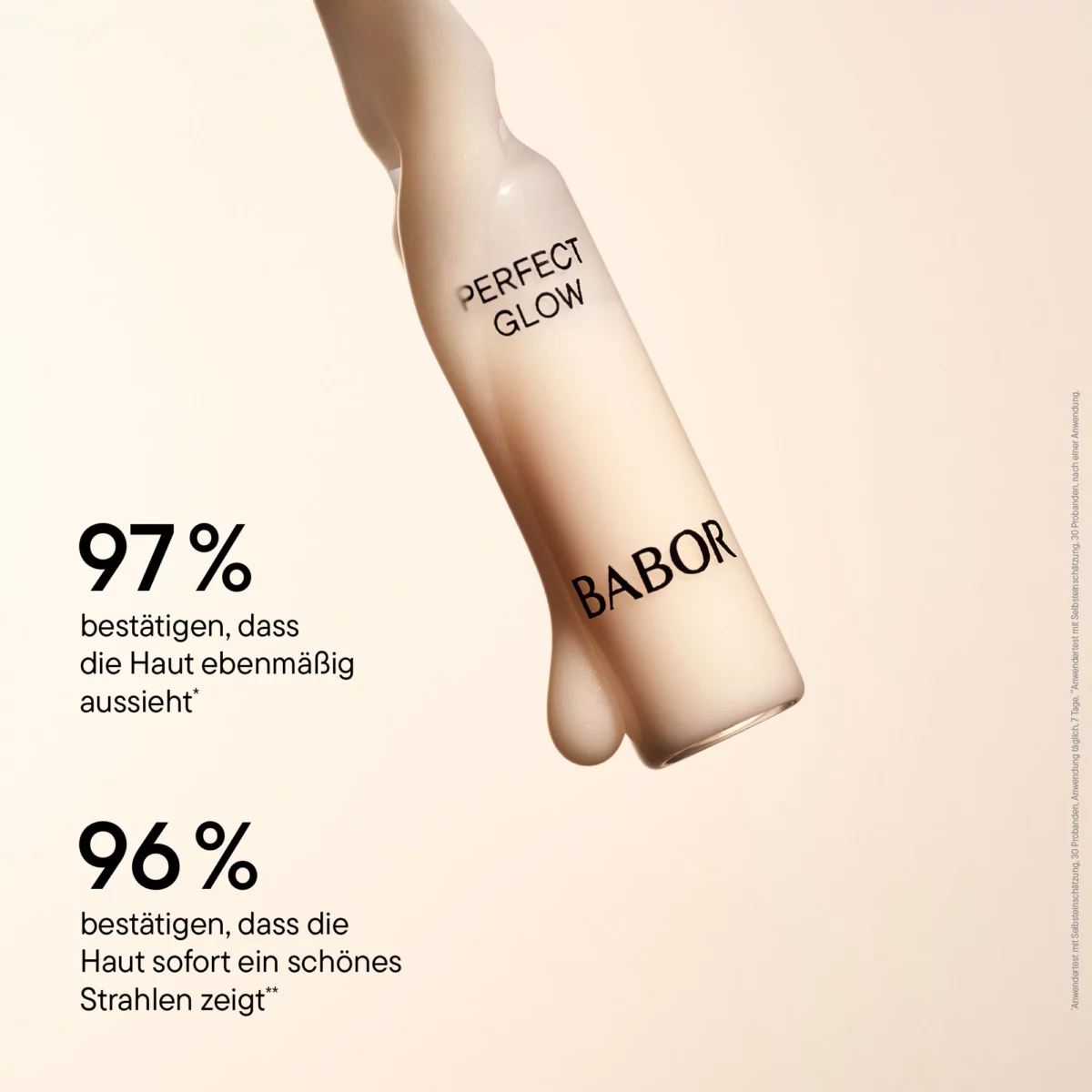 Infografik BABOR Perfect Glow mit Ampulle: 97 % sehen ebenmässige Haut, 96 % sofort ein schönes Strahlen