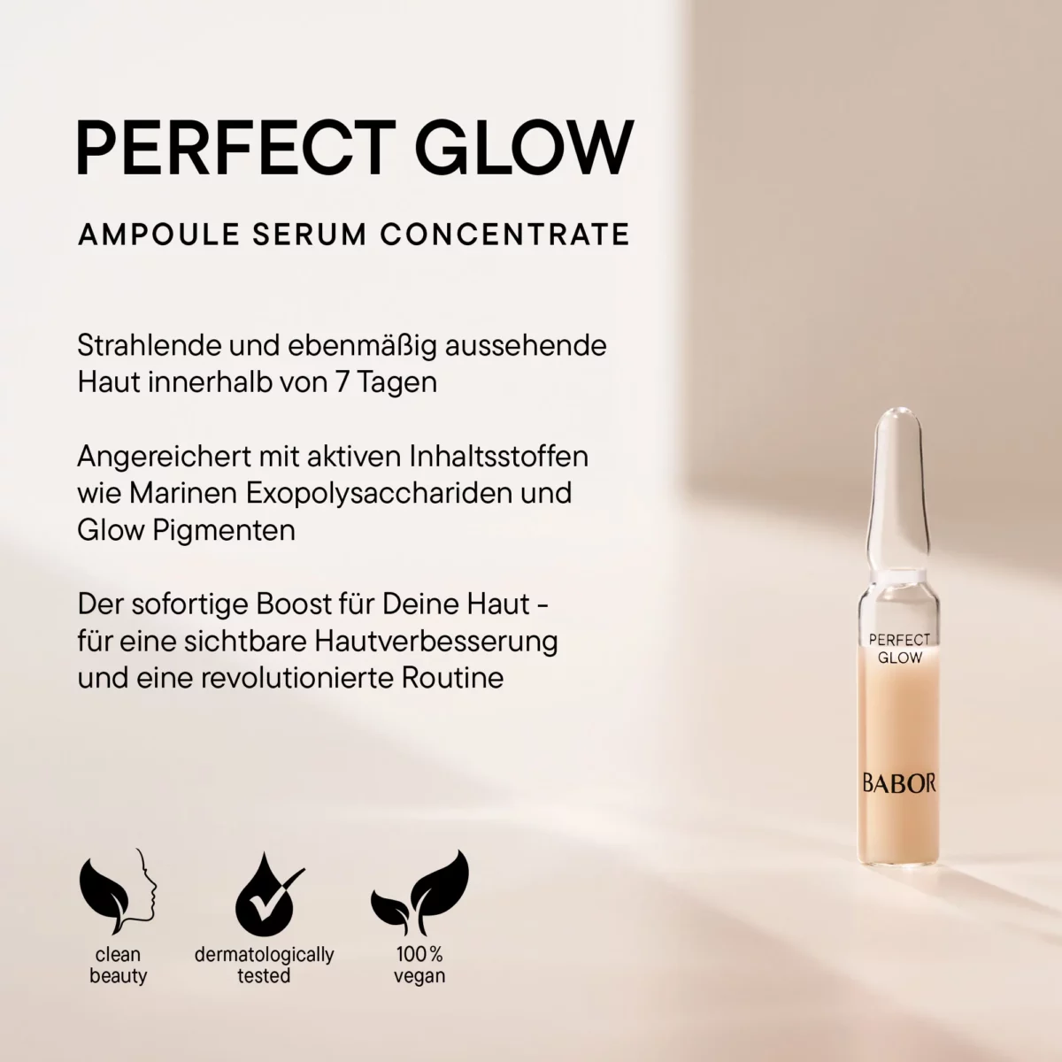 Infografik BABOR Perfect Glow mit Ampulle: strahlende Haut in 7 Tagen, Symbole Clean Beauty, getestet, vegan