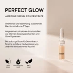 Infografik BABOR Perfect Glow mit Ampulle: strahlende Haut in 7 Tagen, Symbole Clean Beauty, getestet, vegan