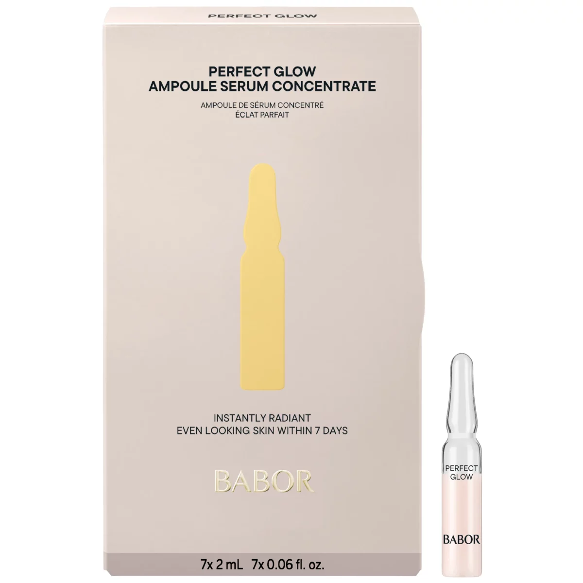 BABOR Perfect Glow Ampoule Serum Concentrate: Faltschachtel 7 x 2 ml mit gelber Grafik und Ampulle daneben