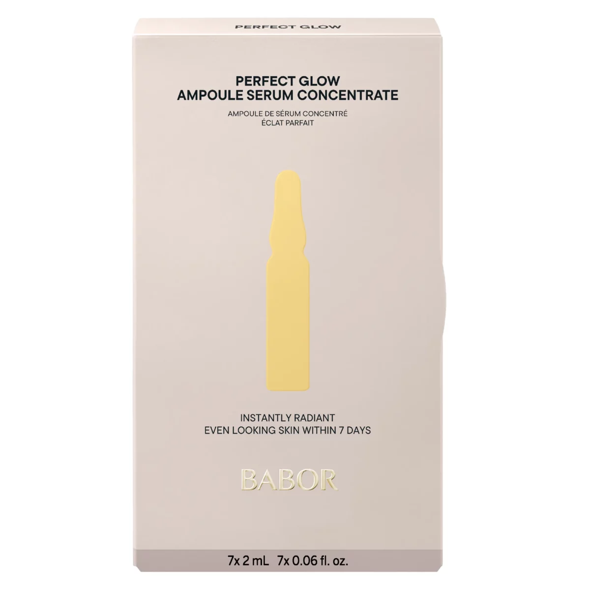 Faltschachtel BABOR Perfect Glow Ampoule Serum Concentrate in Beige mit gelber Ampullengrafik, Vorderseite