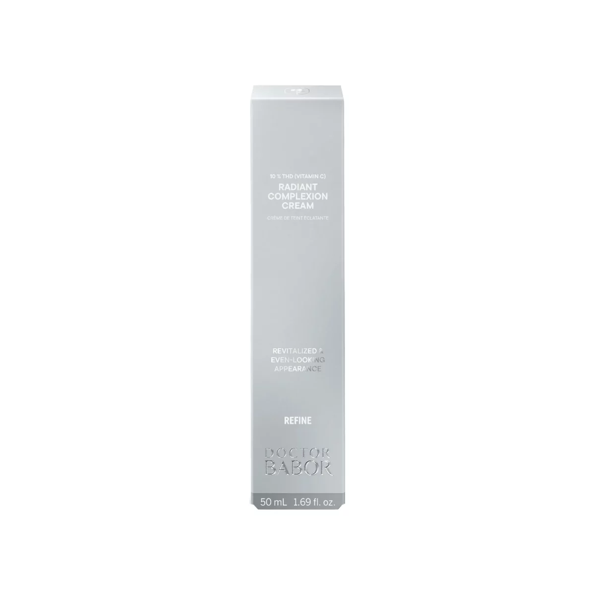 Silbergraue Faltschachtel der BABOR Radiant Complexion Cream mit der Aufschrift Refine und Inhalt 50 ml