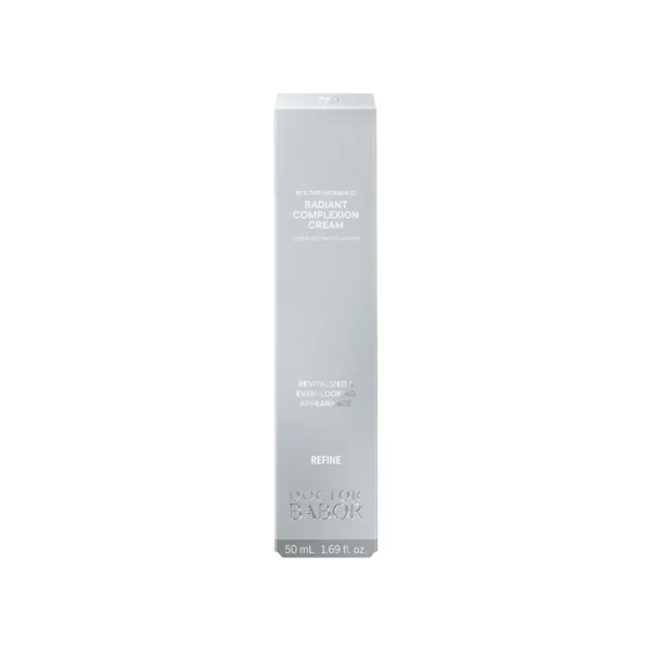Silbergraue Faltschachtel der BABOR Radiant Complexion Cream mit der Aufschrift Refine und Inhalt 50 ml