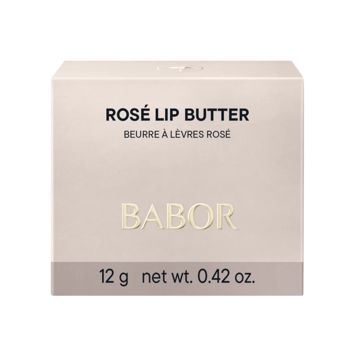 Rosé Faltschachtel der BABOR Rosé Lip Butter mit goldenem BABOR Schriftzug und Inhaltsangabe 12 g