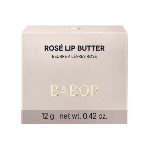Boîte pliante rose du baume à lèvres BABOR Rosé, avec le logo BABOR doré et la mention « 12 g »