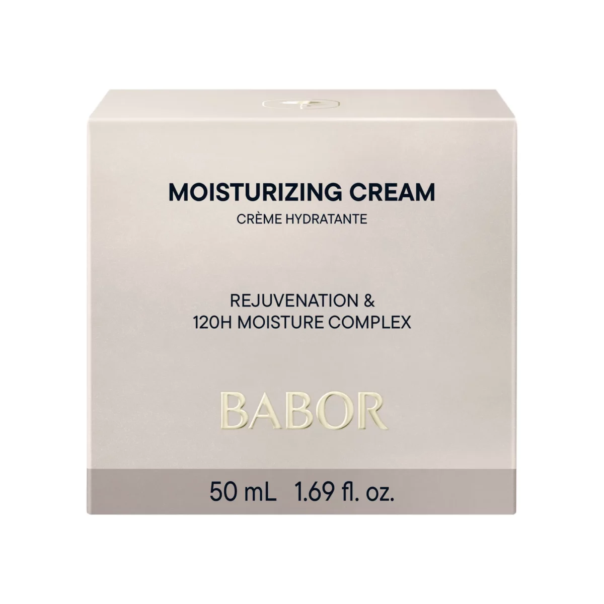 Faltschachtel der BABOR Moisturizing Cream mit der Aufschrift Rejuvenation & 120H Moisture Complex, 50 ml