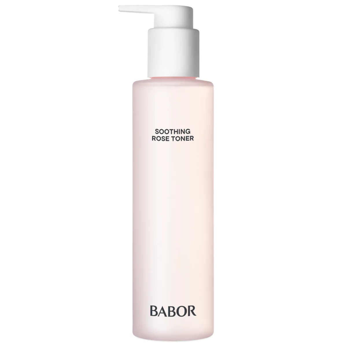 BABOR Soothing Rose Toner in rosafarbener 200-ml-Flasche mit weissem Pumpspender, Vorderseite