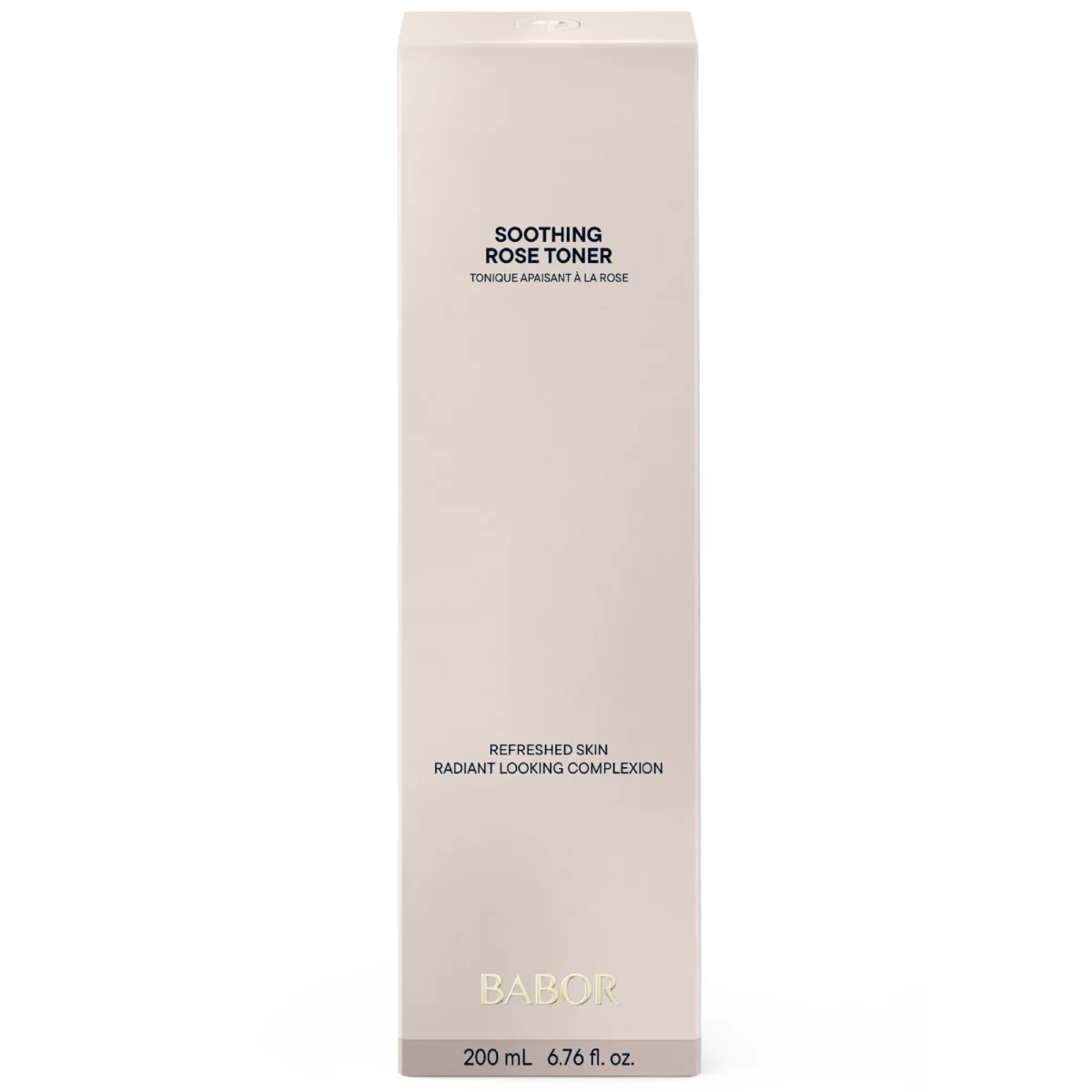 Hohe Faltschachtel des BABOR Soothing Rose Toner in Hellbeige mit 200 ml, Vorderseite der Verpackung