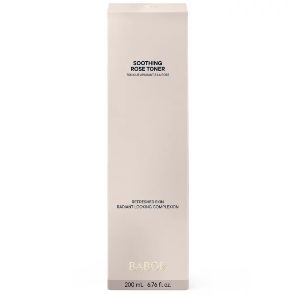 Hohe Faltschachtel des BABOR Soothing Rose Toner in Hellbeige mit 200 ml, Vorderseite der Verpackung