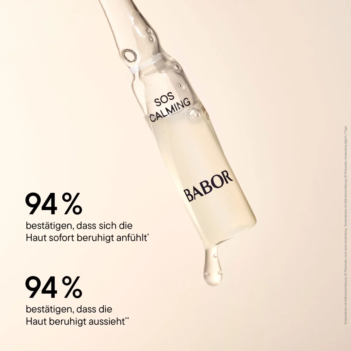 Infografik BABOR SOS Calming: je 94 % finden die Haut sofort beruhigt und sehen sie ruhiger aussehen