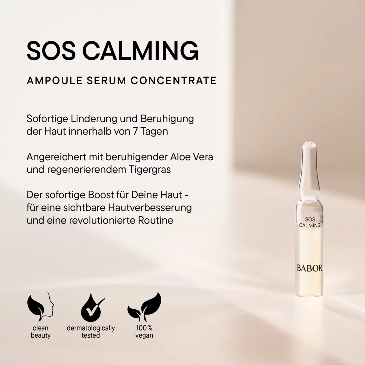 Infografik BABOR SOS Calming Ampoule Serum Concentrate mit Wirkung innerhalb von 7 Tagen, clean und vegan