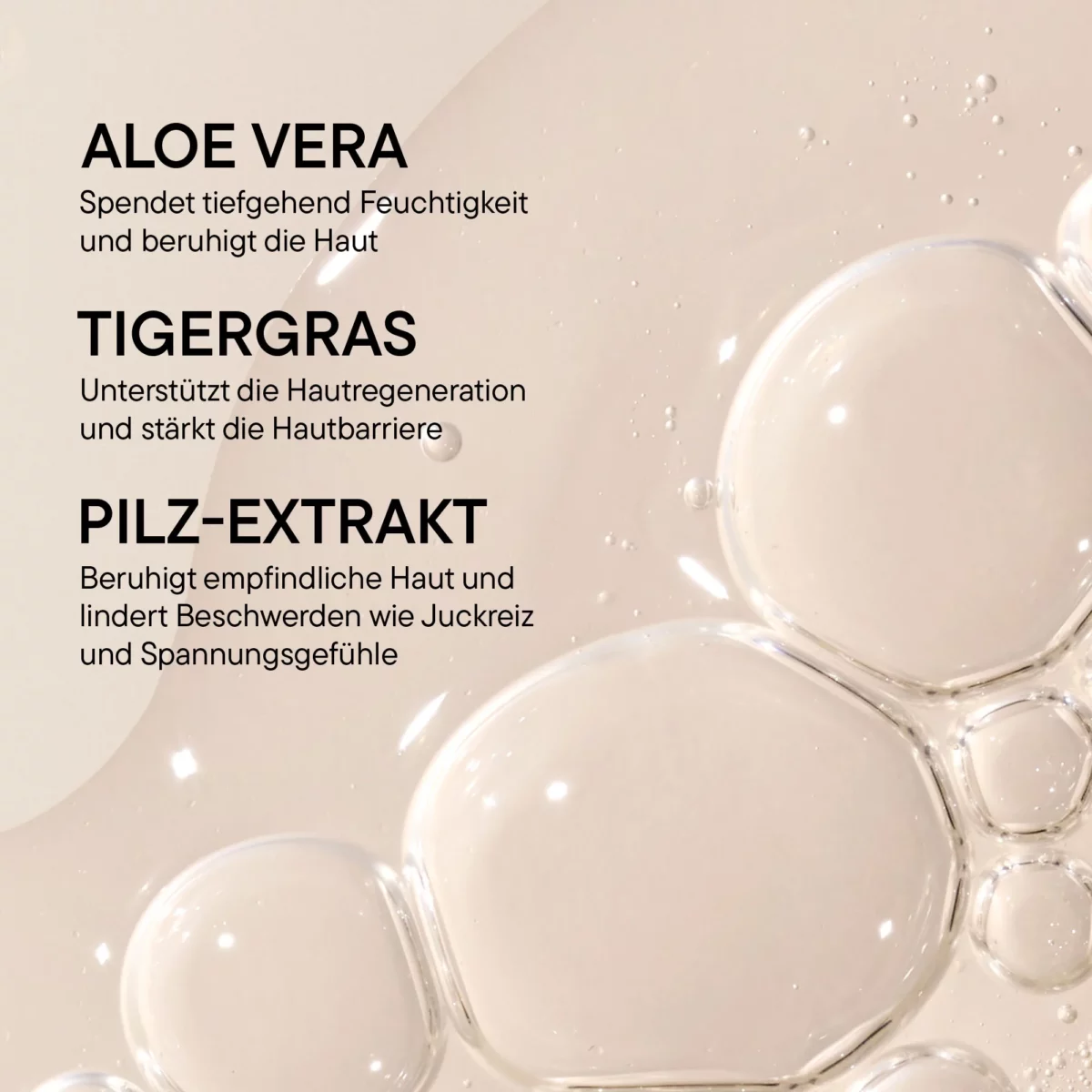 Infografik BABOR SOS Calming mit den Wirkstoffen Aloe Vera, Tigergras und Extrakt aus einem Speisepilz