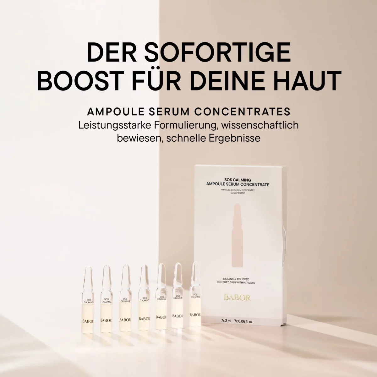 Packung und Ampullen BABOR SOS Calming, Kampagnenbild Der sofortige Boost für deine Haut