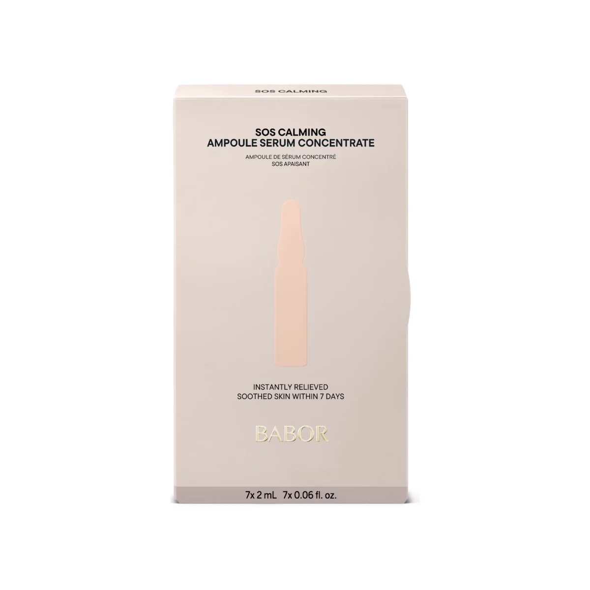 Beigefarbene Faltschachtel der BABOR SOS Calming Ampullen mit 7 Ampullen à 2 ml, Ampoule Serum Concentrate