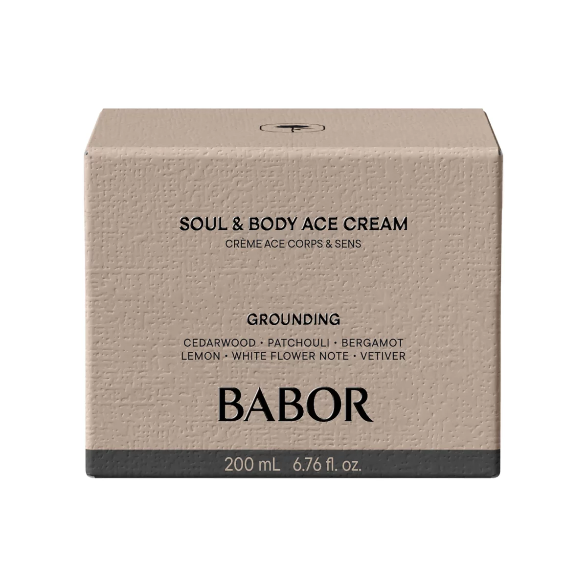 Beigefarbene Faltschachtel der BABOR Soul & Body ACE Cream Grounding mit Duftnoten und 200 ml