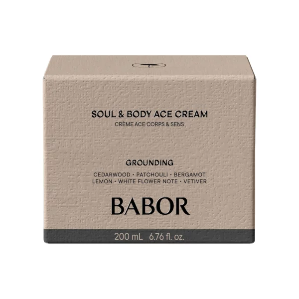 Beigefarbene Faltschachtel der BABOR Soul & Body ACE Cream Grounding mit Duftnoten und 200 ml