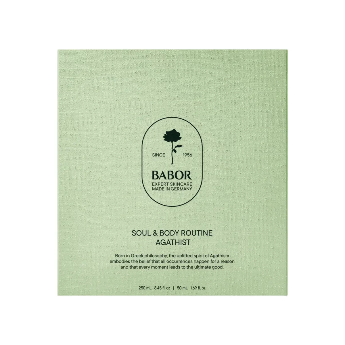 Geschlossene grüne Geschenkbox BABOR Soul & Body Routine Agathist mit Rosen-Emblem und Since 1956