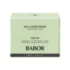 Hellgrüne Faltschachtel des BABOR Soul & Body Scrub Agathist mit Duftnoten Bergamotte, Feige und rosa Pfeffer