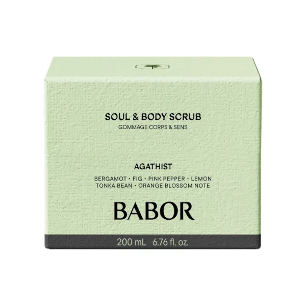 Hellgrüne Faltschachtel des BABOR Soul & Body Scrub Agathist mit Duftnoten Bergamotte, Feige und rosa Pfeffer