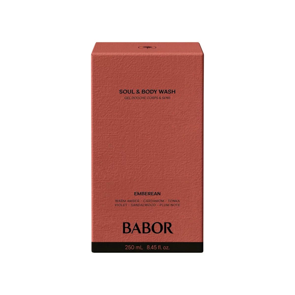 Terrakottafarbene Faltschachtel des BABOR Soul & Body Wash Emberean mit Duftnoten und 250 ml