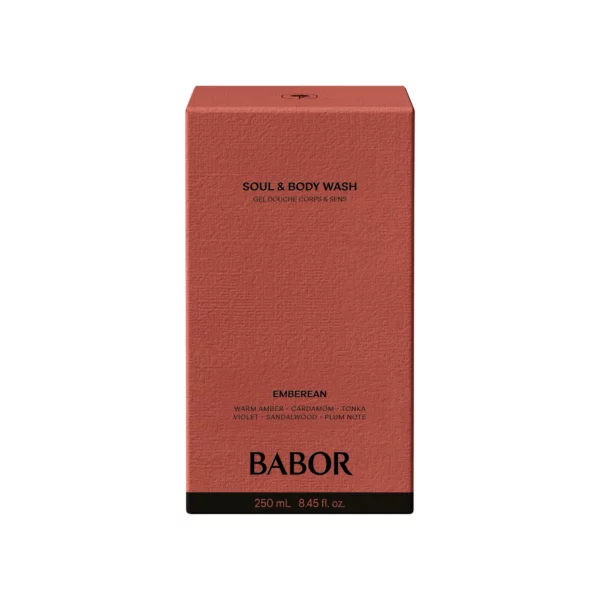 Terrakottafarbene Faltschachtel des BABOR Soul & Body Wash Emberean mit Duftnoten und 250 ml