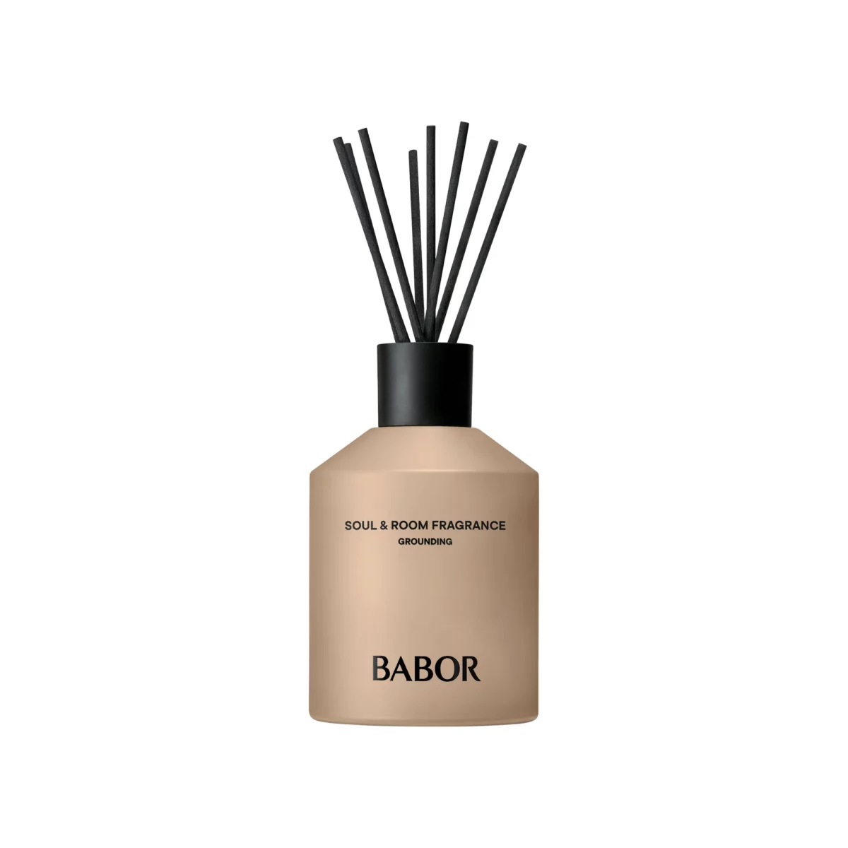 BABOR Soul & Room Fragrance Grounding, beigefarbener Flakon mit 220 ml und schwarzen Duftstäbchen