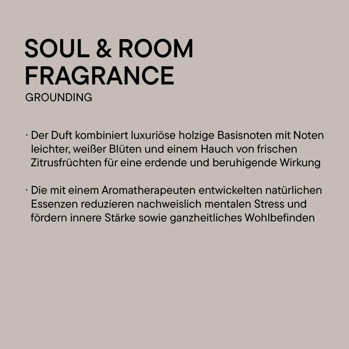 Infografik BABOR Soul & Room Fragrance Grounding: holzige Basisnoten, weisse Blüten und frische Zitrusfrüchte